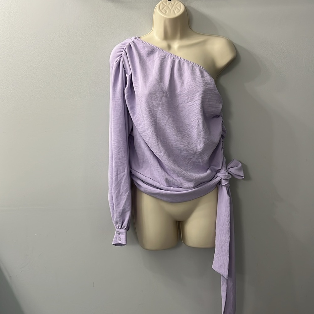 Vertiche Lilac Purple One Shoulder Long Sleeve Tie Waist Scrunched Top Large